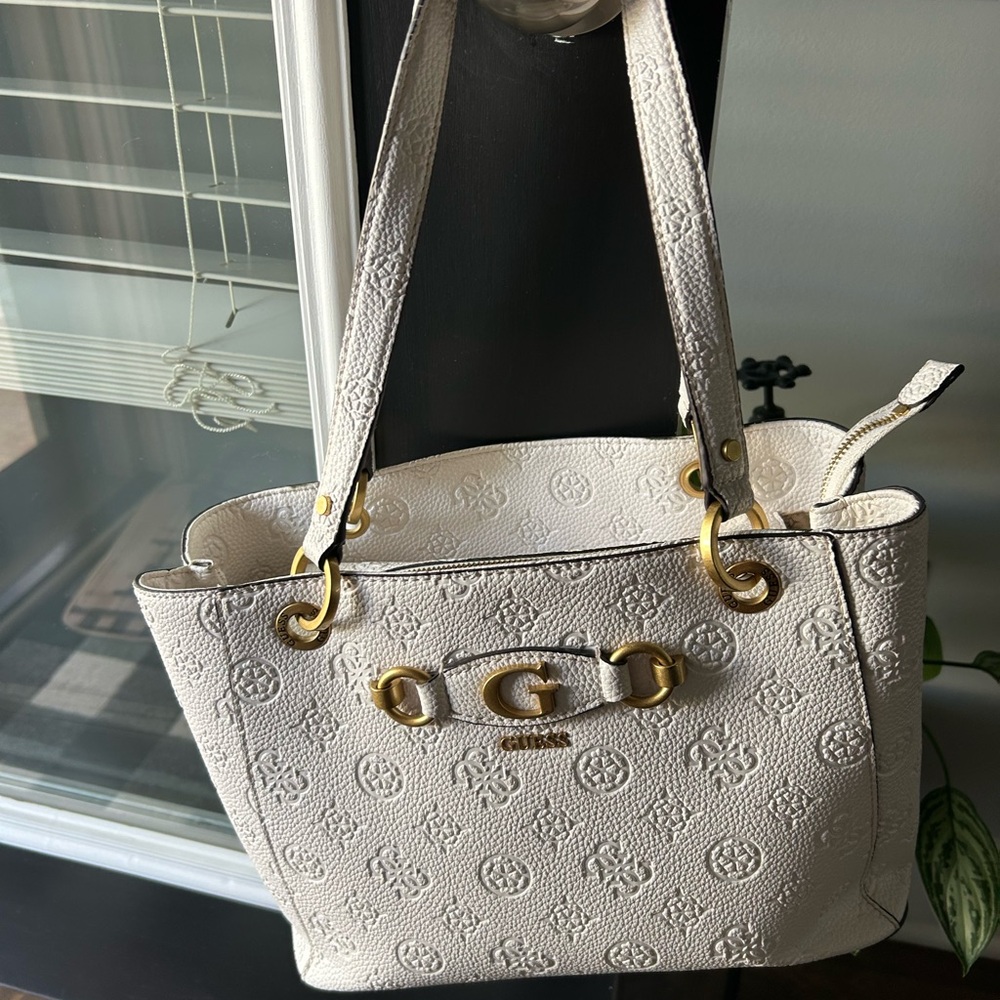 Guess White Embossed Shoulder Bag with Gold Details